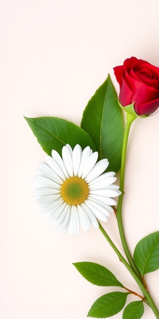 Generate an illustration of a white daisy, a green leaf, and a red rose arranged artistically on a soft gradient background, using a Canon EOS R5 camera with a 50mm f/1.8 lens, aperture set to f/2.8, ISO 100, and natural light for enhanced clarity and detail.