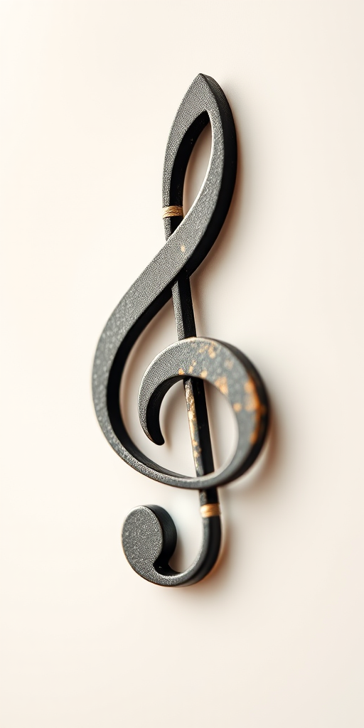 Regenerate a high-quality image of a musical treble clef, using a DSLR camera, f/2.8 aperture, 50mm lens, ISO 100, soft natural lighting, and a shallow depth of field.