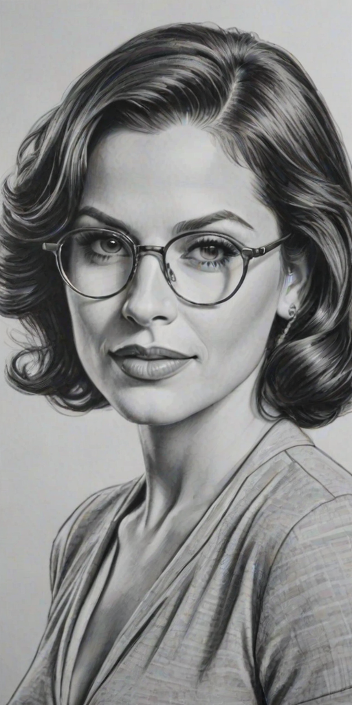 Enticing Lana Parrilla, pencil sketch, portrait of Lovely woman 1940s in glasses, hair style beatnik, outline, clear lines, fine lines, 8k