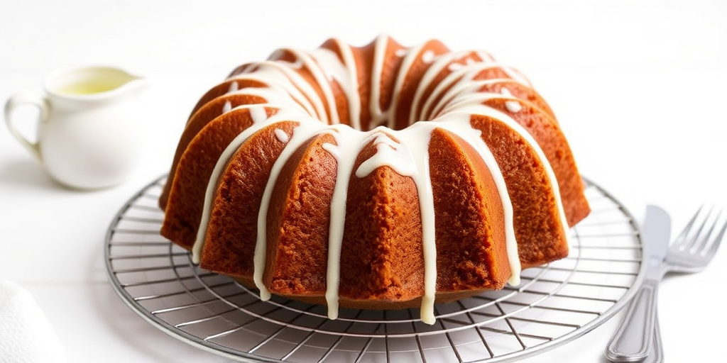 A beautifully baked bundt cake with a glossy icing drizzle on top placed on a cooling rack with a white background accompanied by a small pitcher of cream and silverware on the side.