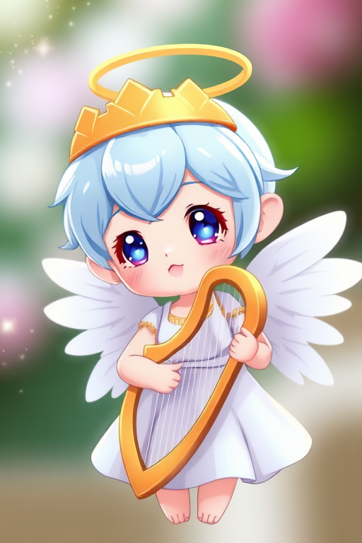 Create a high-resolution image of a cute cartoon angel with light blue hair, holding a golden harp and wearing a halo, using a 50mm lens at f/2.8, shot from a medium angle with a soft-focus background to enhance the subject's features and colors, in vibrant digital art style.