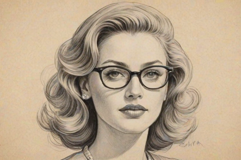 Elegant Jessica Cauffiel, pencil sketch, portrait of Exquisite woman 1948s in glasses, hair style beatnik, outline, clear lines, fine lines, 8k