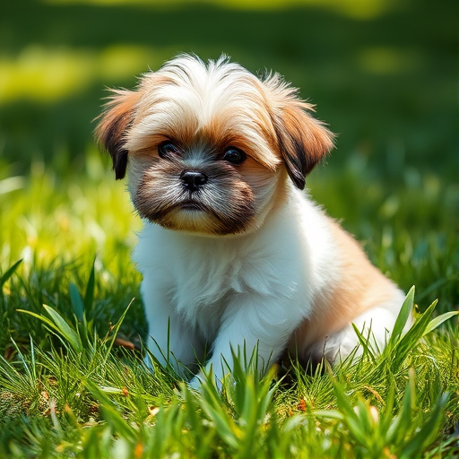 regenerate the image of a fluffy Shih Tzu puppy sitting on green grass, using a Canon EOS R5 with a 50mm f/1.2 lens, aperture at f/2.8, ISO 100, and a shallow depth of field for a soft background blur, captured in natural sunlight for enhanced colors.