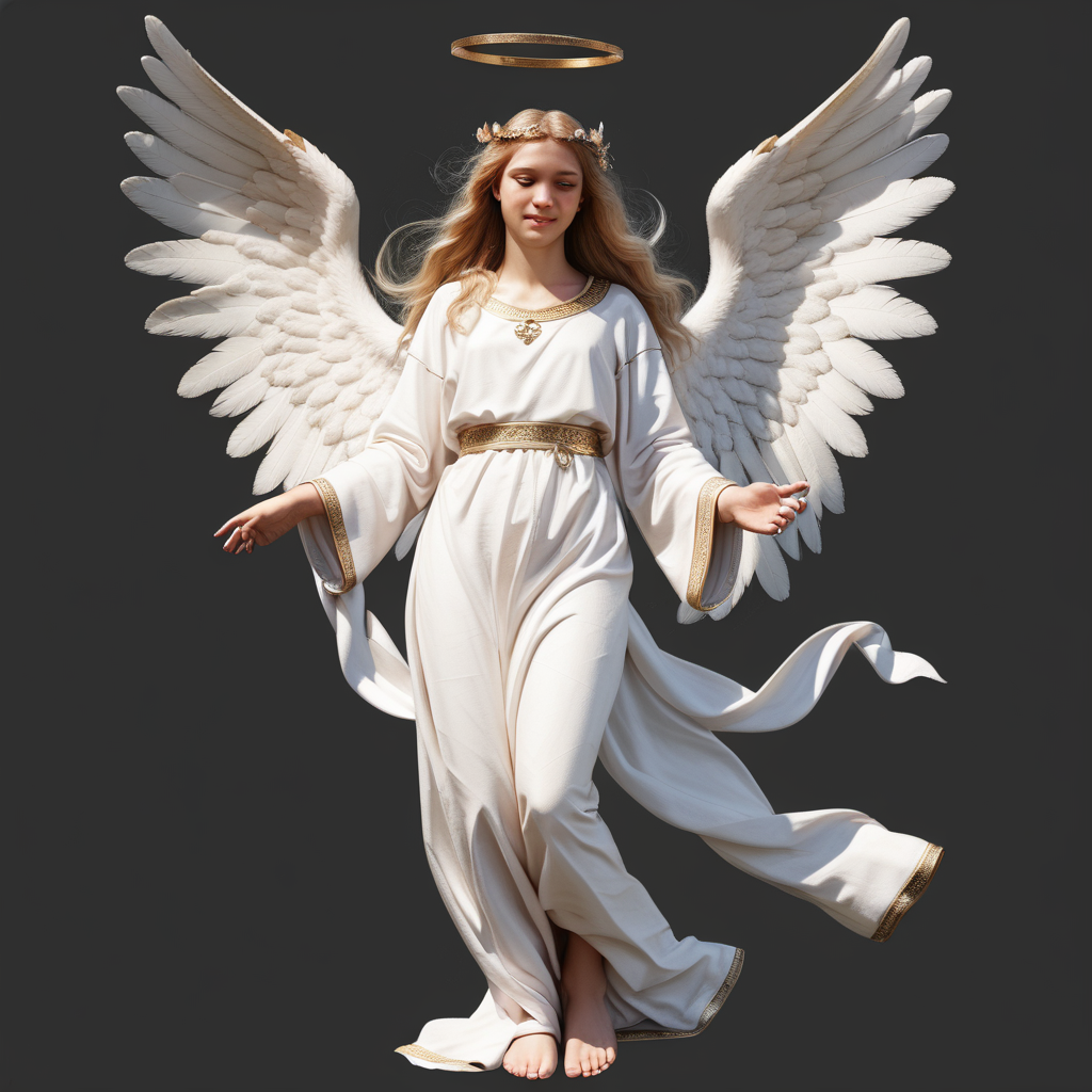 Serene Angelic Figure with Majestic Wings and Radiant Halo in White Robes