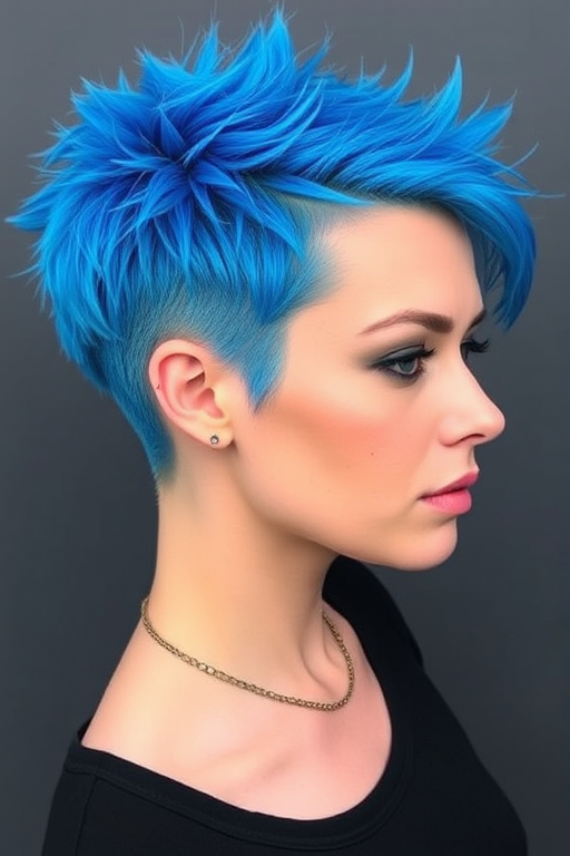 Electric blue pixie cut known as "Sapphire Spark" boasts spiky textured layers and a bold undercut design, creating a dynamic and eye-catching silhouette