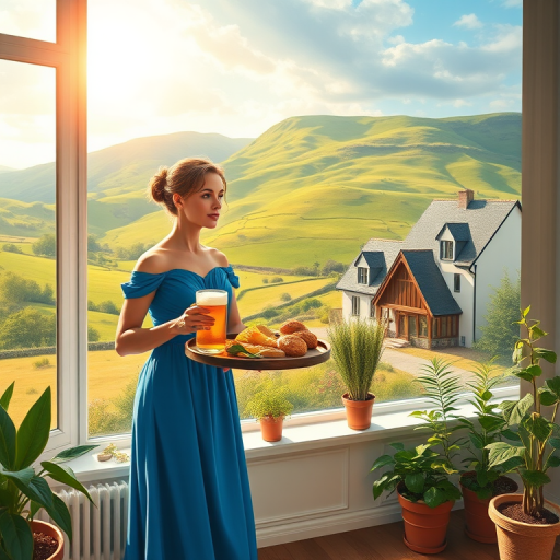 In "A Glass of Beer on the Highland," a serene scene is depicted in a sunlit room where a woman in a vibrant blue dress stands by a large window. She holds a tray with a hearty meal and a frothy glass of beer, embodying a moment of relaxation. Outside, the breathtaking highland landscape features rolling green hills and a charming traditional house, all bathed in warm afternoon light. The interior is adorned with potted plants, creating a harmonious blend of comfort and nature. The painting beautifully captures the tranquility and joy found in simple pleasures amidst stunning scenery