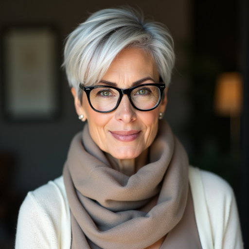 Portrait of a mature woman with short silver hair, styled in an asymmetrical pixie cut with side bangs. She wears black-framed glasses and a beige blouse with a white cardigan over it, as well as a bulky scarf in neutral tones. The woman is indoors with soft lighting and a blur in the background. Her expression is serene and confident, highlighting her elegance and modern style.
