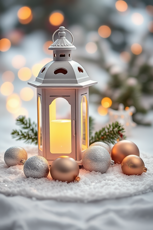 Create a cozy winter scene featuring a white lantern glowing softly in the snow. Surround the lantern with festive ornaments, including a silver ball and a gold one, on a shimmering snowy surface. Add a hint of evergreen branches in the background, with a blurred bokeh effect of warm lights to enhance the holiday atmosphere.