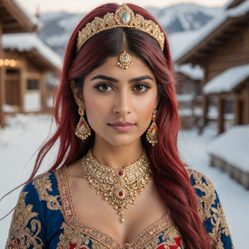 mia khalifa with long, flowing red hair, wearing a traditional, ornate red and blue costume with gold accents and intricate embroidery, stands facing the viewer in a close-up portrait. Her hair is styled in a high ponytail and adorned with a pair of golden, winged hairpieces. She wears gold earrings and her makeup is accented with light pink blush and a bright red lip. She has a soft and slightly melancholic expression, with her eyes looking directly at the camera. The background is a blurred, out-of-focus snowy landscape, with the woman in the foreground. The lighting is soft and natural, creating a warm, intimate atmosphere. The image is composed using a shallow depth of field, with the woman as the main focal point. The overall style is elegant, delicate, and fairytale-like.