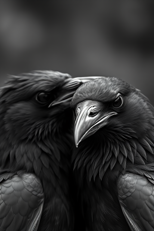 two ravens close-up, high contrast black and white, 50mm lens, f/1.8 aperture, ISO 200, shutter speed 1/200, shallow depth of field, natural light, DSLR camera