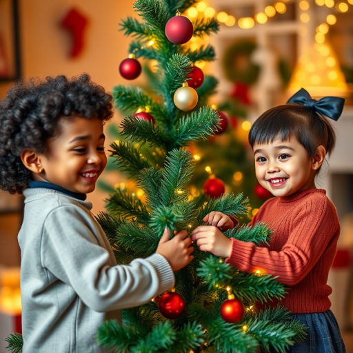 Generate an image of three children decorating a Christmas tree. They are smiling and placing ornaments on the tree. The setting is cozy and festive, with warm lighting and holiday decorations in the background. The children should have diverse appearances and be engaged in the activity, creating a joyful atmosphere.