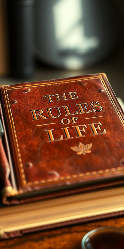 A vintage leather-bound book titled "The Rules of Life" resting on a surface, captured in soft natural lighting, using a DSLR camera with a shallow depth of field, at f/2.8, 50mm lens, ISO 100, with a slight angle view to emphasize the texture and details of the cover.