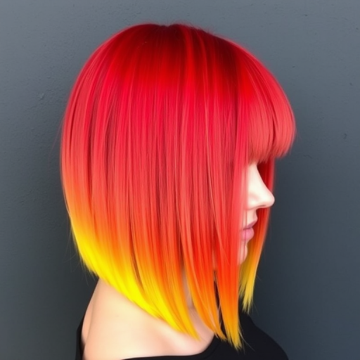 Fiery red ombre hair transitioning to bright yellow tips, styled in a sleek and straight bob with blunt bangs, creating a bold and eye-catching look reminiscent of flames called Phoenix Plumage
