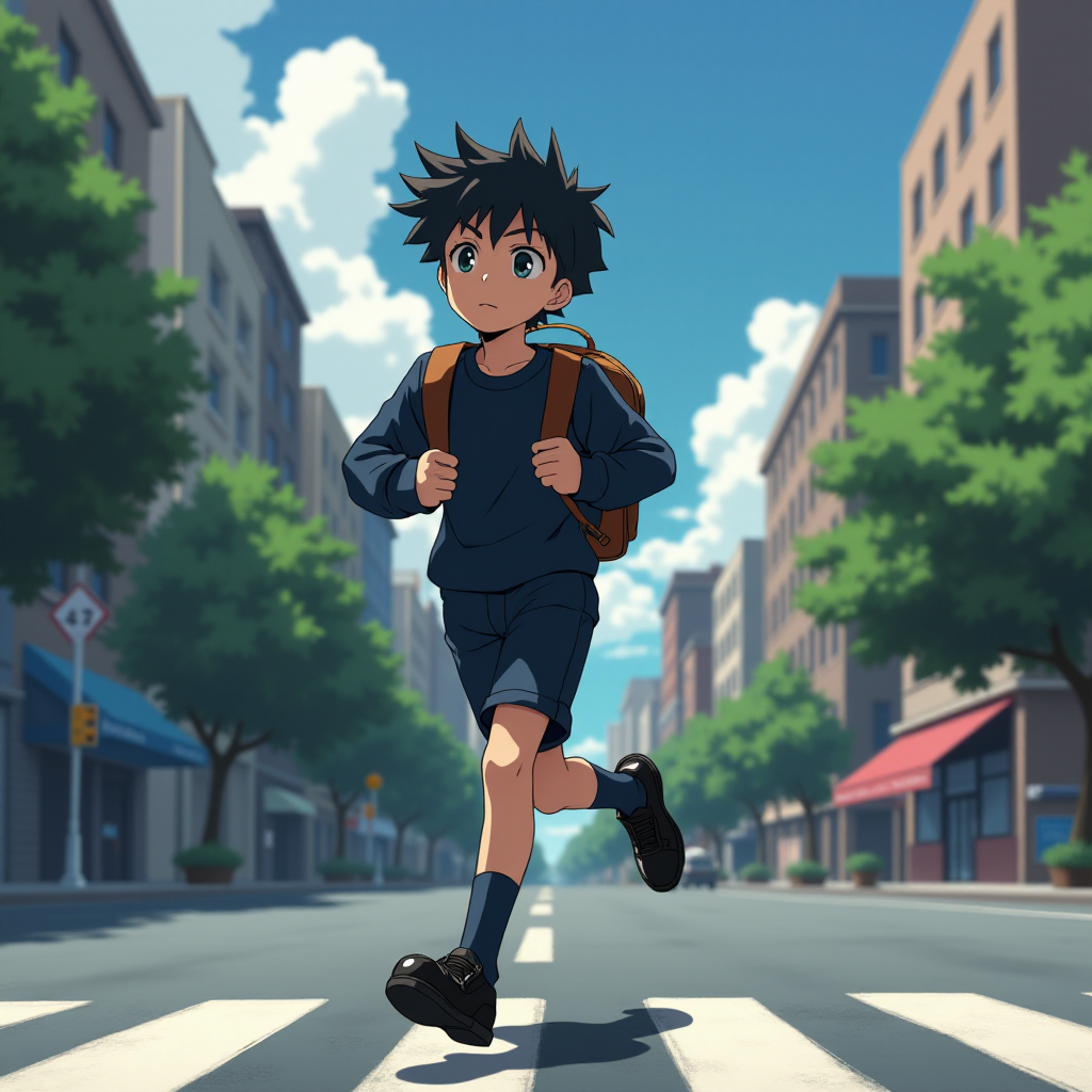 In the Japanese boondocks photorealistic anime, the camera focuses on strong muscular sideview of 9 year old boy his perfect face conveys powerful mighty passion, wearing black school dress-shoes, wearing dark blue matching school uniform. he runs lightly across wide busy city street. with stoplights in backdrop, The animation highlights the dynamic of the boy's clothes and hair blowing in the wind as he moves around, wearing leather backpack,