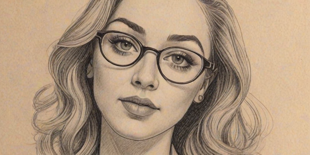 Pleasing Brandi Cyrus, pencil sketch, portrait of Ravishing woman 1946s in glasses, hair style beatnik, outline, clear lines, fine lines, 8k
