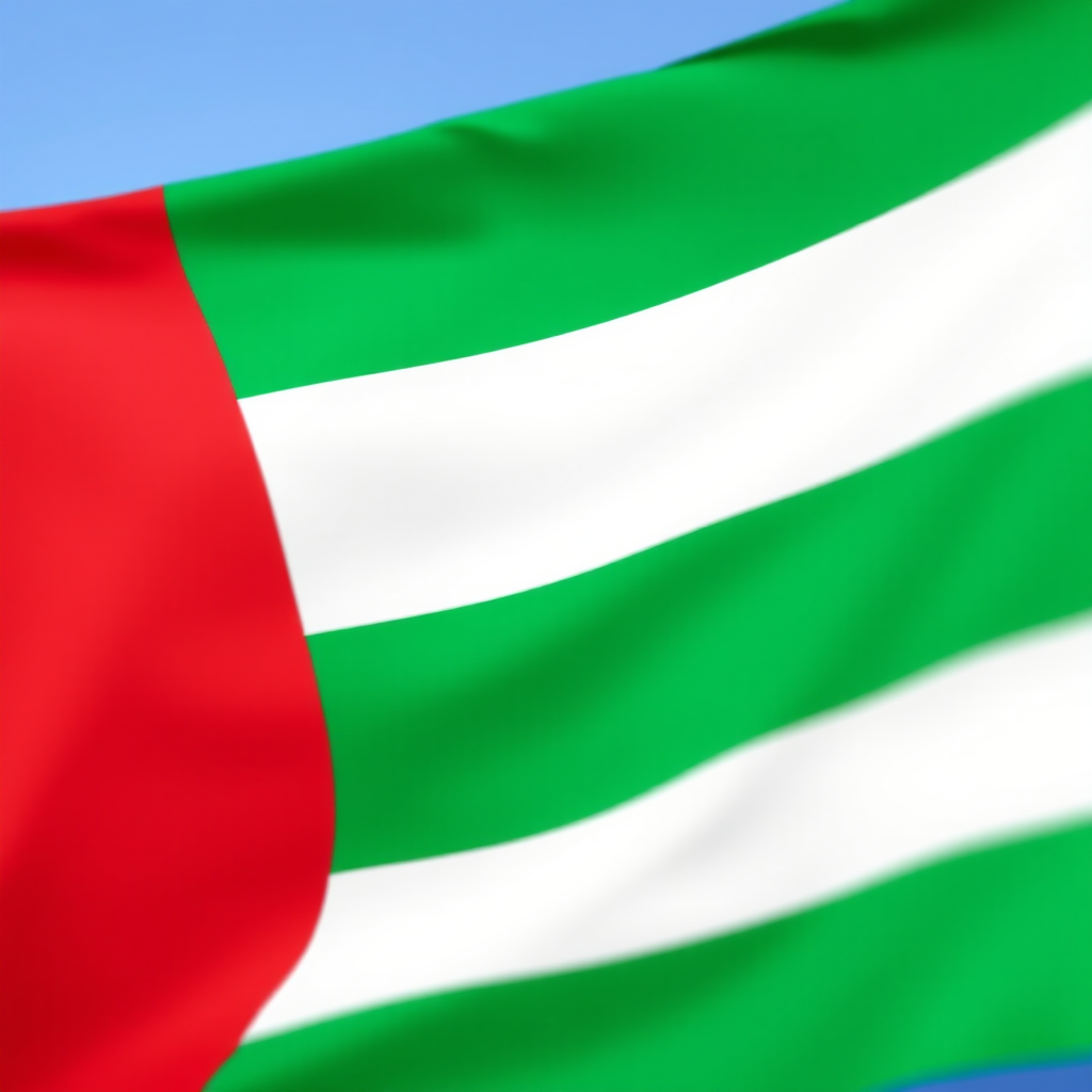 Create a high-resolution vector image of a flag with three horizontal stripes: red on the left, green in the middle, and white on the right, captured with a DSLR camera at f/4 aperture, 50mm lens, shot from a low angle with a shallow depth of field for enhanced detail and vibrant colors.