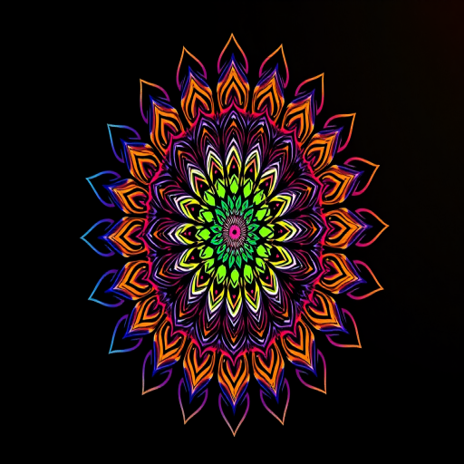 create a vibrant mandala with intricate patterns and a black background using a Nikon D850 camera, 50mm lens, f/8 aperture, ISO 100, and a soft focus style for enhanced image quality