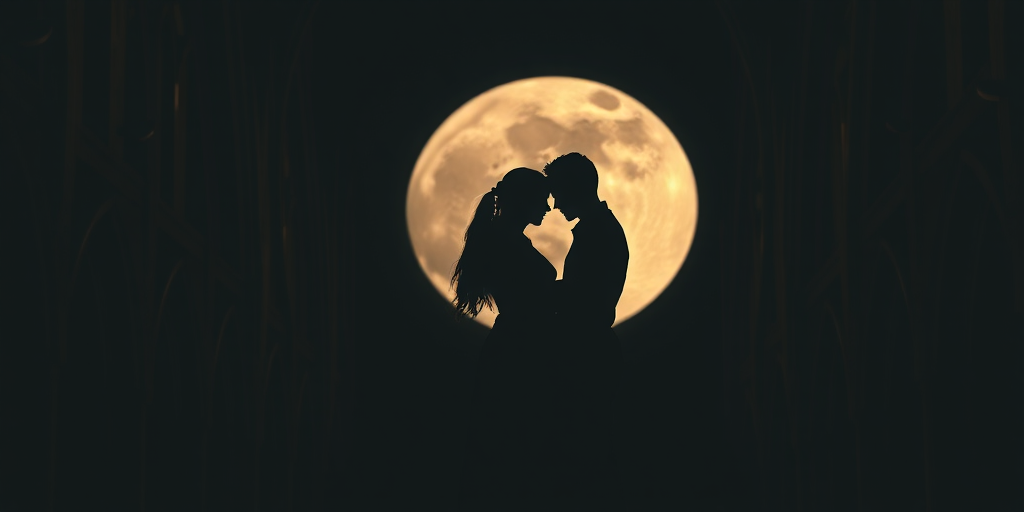 Create a romantic silhouette of a couple embracing against a large full moon in a dark, atmospheric setting with Gothic architecture, using a DSLR camera, 50mm lens, f/1.8 aperture, ISO 200, and a shallow depth of field to enhance focus on the couple while softly blurring the background.