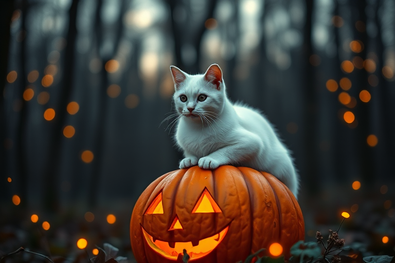 A serene white cat perched on a carved pumpkin in a mystical forest at twilight, surrounded by glowing fireflies, soft bokeh background, lens aperture f/1.8, shutter speed 1/100, ISO 200, DSLR camera, macro lens, high-resolution.