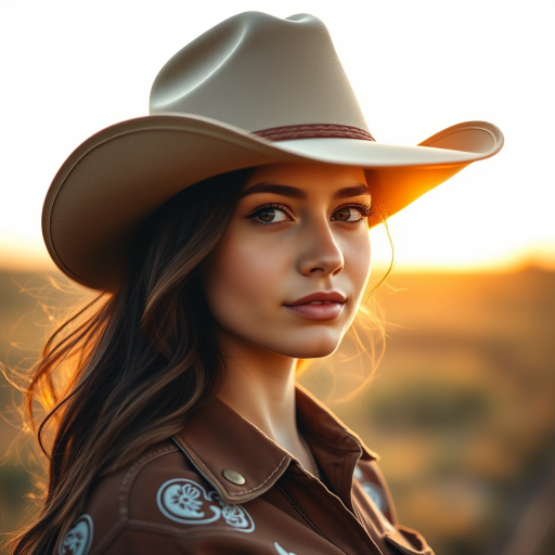portrait of a young woman wearing a cowboy hat and western shirt in a sunlit field during golden hour, shallow depth of field, 85mm lens, f/1.8, ISO 100, soft lighting, natural background, DSLR camera