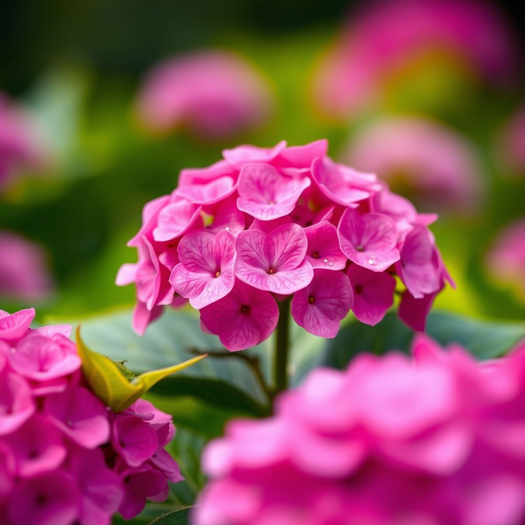 macro shot of vibrant pink hydrangea flowers with shallow depth of field, f/2.8 aperture, ISO 100, 50mm lens, soft natural lighting, high-resolution image with smooth bokeh background.