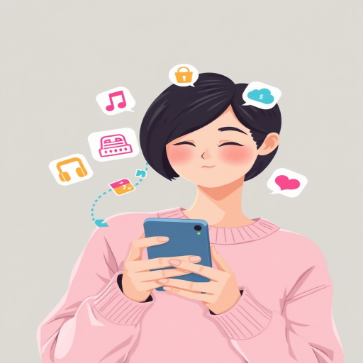 Create a digital illustration of a person with short black hair wearing a light pink sweater, holding a smartphone, with colorful icons representing music, the internet, transportation, shopping, and messaging floating around them, shot with a 50mm lens at f/1.8, ISO 100, in soft natural lighting for a clean look.