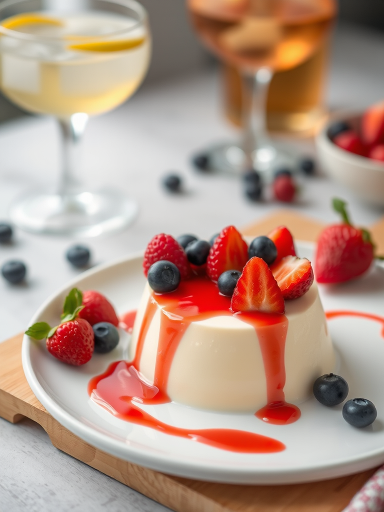 A delicious panna cotta dessert topped with fresh strawberries raspberries and blueberries on a white plate with a drizzle of red fruit sauce served on a wooden cutting board with a glass of drink in the background