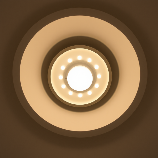 Create a high-resolution image of a circular ceiling light fixture, centered and well-illuminated, using a DSLR camera set to f/2.8 aperture, ISO 100, 1/60 second shutter speed, in a soft focus style and overhead view to capture details.