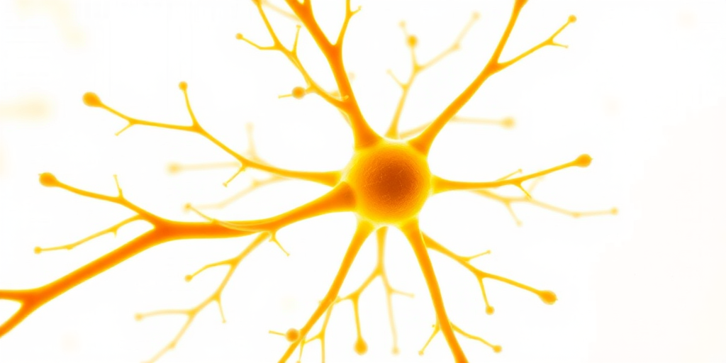 Create a high-resolution image of a neuron with a central cell body and branching axons in vibrant yellow and orange, using a macro lens, f/2.8 aperture, 1/250 second shutter speed, ISO 100, taken with a digital SLR camera with a clean white background to enhance clarity and contrast.