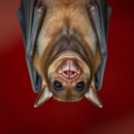 Regenerate the image of a bat hanging upside down, with a shallow depth of field, using a DSLR camera with a 50mm lens, aperture set to f/2.8, ISO 400, natural lighting, and a focus on the bat's facial features against a blurred red background.