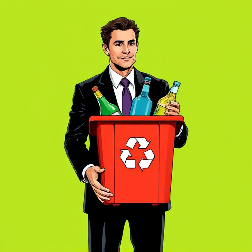 A stylized illustration of a man in a suit holding a recycling bin with bottles, with a focus on vibrant colors and clear lines, shot with a Canon EOS 5D Mark IV at f/8, ISO 100, 50mm lens, with a clean background for better emphasis on the subject.