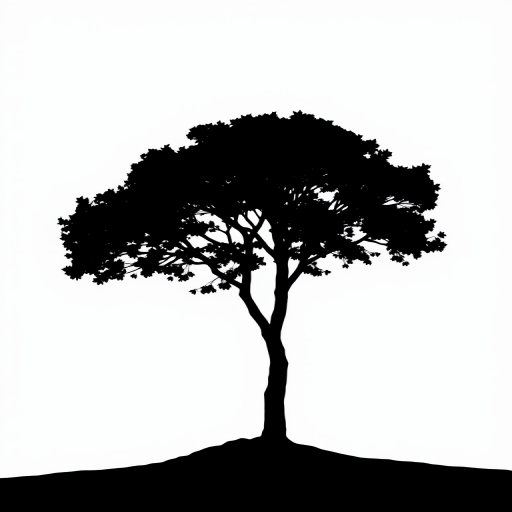 Generate a high-resolution minimalist black and white logo featuring a tree silhouette against a plain background, captured with a DSLR camera at f/2.8, ISO 100, 50mm lens, with a shallow depth of field and soft natural lighting.