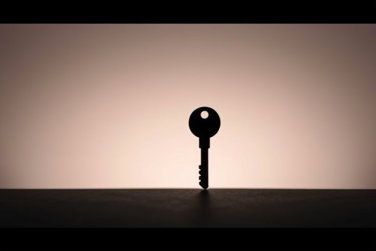 Create a high-resolution image of a simple key silhouette on a plain background, using a 50mm lens, f/4 aperture, ISO 200, and a close-up view, captured with a DSLR camera.