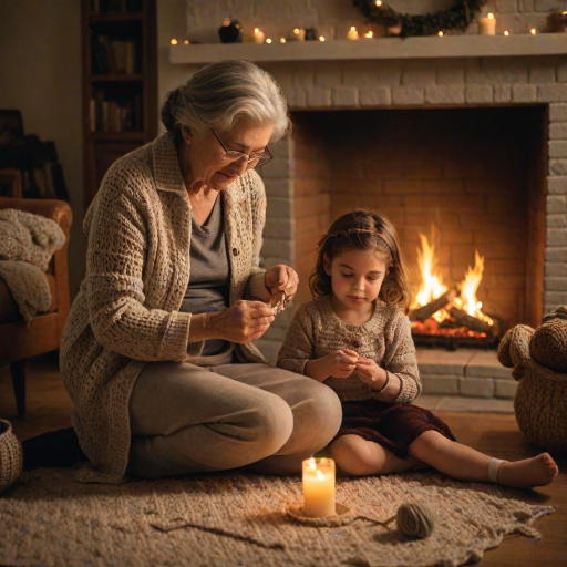 Warm, intimate image of a grandmother teaching her granddaughter how to crochet by a softly lit fireplace, soft glow from the flames casting warm shadows, with the smell of fresh pinewood in the air.