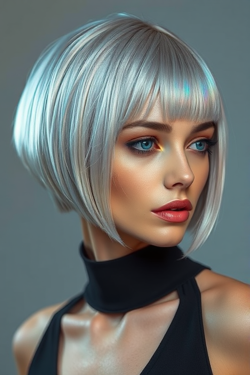Futuristic shot of a model with Holographic Chrome hair, a silvery base that shifts colors in the light, styled in a sleek, geometric bob