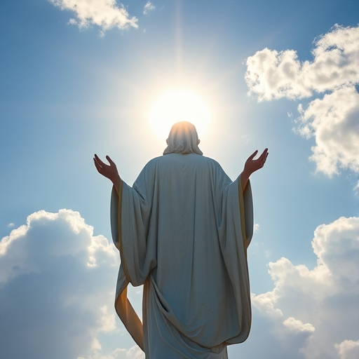 Create a serene image of a divine figure with soft rays of light emanating from behind, set against a fluffy cloudscape in a clear blue sky, captured with a DSLR camera at f/8 aperture, 1/200 shutter speed, ISO 100, using a wide-angle lens at eye level for a majestic view.