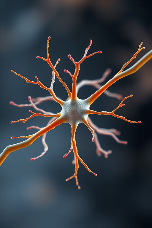 Create a high-resolution illustration of a stylized neuron with dendritic branches, using a DSLR camera with a macro lens, ISO 100, aperture f/8, shutter speed 1/200s, in a well-lit studio environment for enhanced clarity and detail.