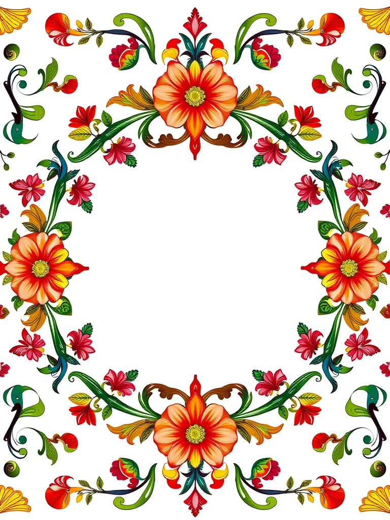 create a colorful ornate circular frame with intricate floral and vine designs, high resolution, 50mm lens, f/2.8 aperture, ISO 100, studio lighting, shot from a top-down view, digital art style