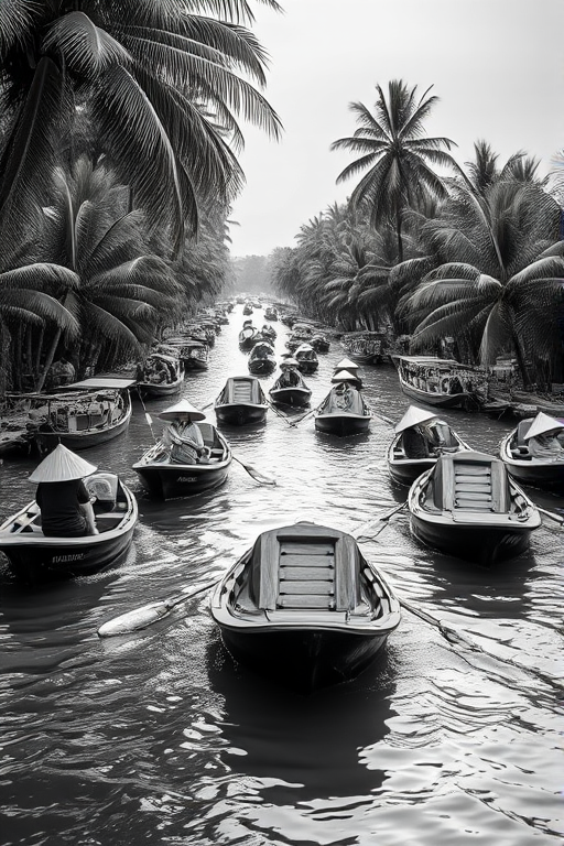 Capture a scenic black and white image of a busy river with multiple wooden boats and people wearing traditional conical hats, shot with a Canon EOS R5, 35mm lens, aperture f/8, shutter speed 1/125 sec, ISO 200, from a low angle to emphasize the reflections on the water and the surrounding palm trees.