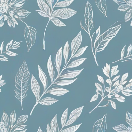 generate a seamless botanical pattern featuring hand-drawn white leaves and flowers on a soft blue background