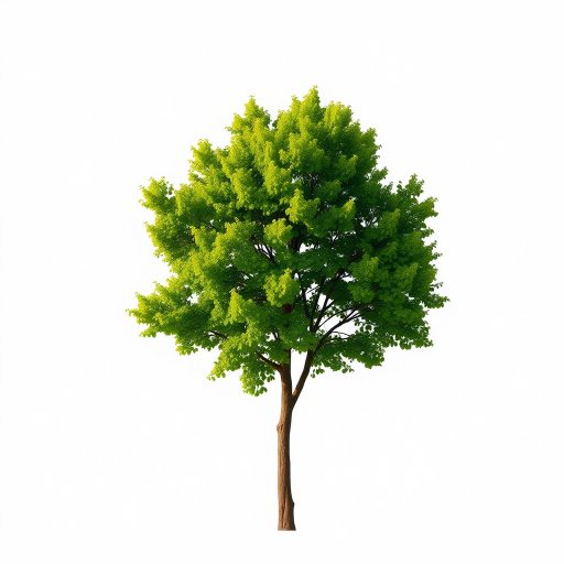 Create a high-resolution image of a lush green tree isolated on a plain background, taken with a Canon EOS R5, 50mm lens, f/2.8 aperture, 1/200s shutter speed, and natural soft lighting from above.