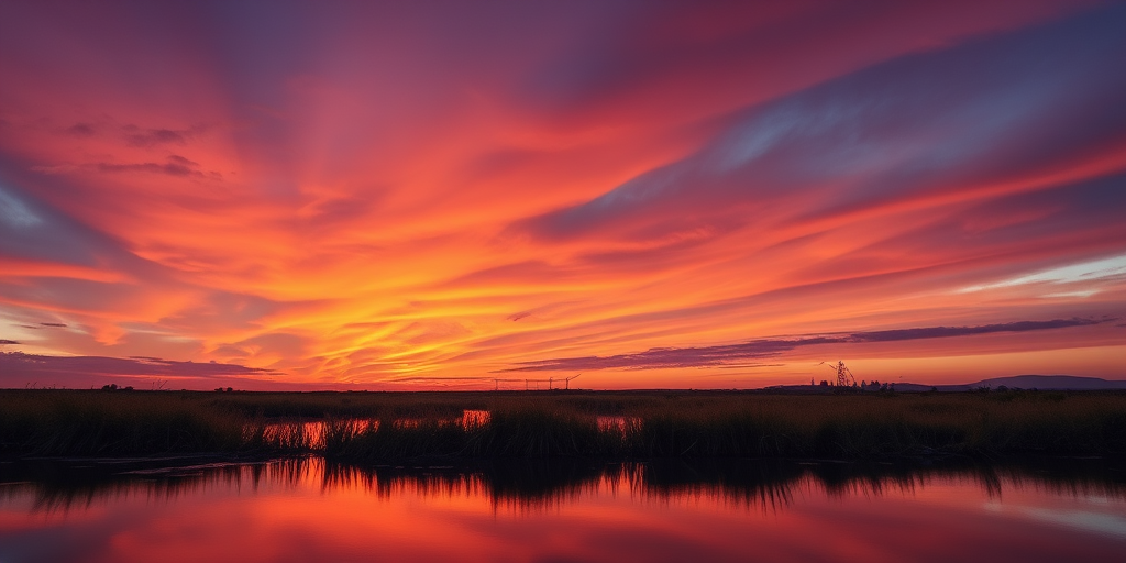 Create a vibrant sunset landscape with rich oranges and purples in the sky, reflecting in calm waters, shot with a Canon EOS R5 at f/11, ISO 100, 1/200 sec, using a wide-angle lens at 24mm, from a low perspective to emphasize the foreground.