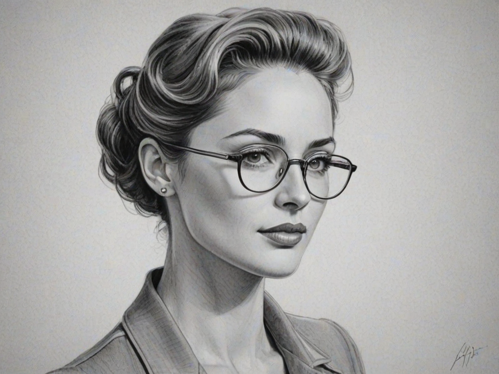 Graceful Justin Hartley, pencil sketch, portrait of Elegant woman 1951s in glasses, hair style beatnik, outline, clear lines, fine lines, 8k