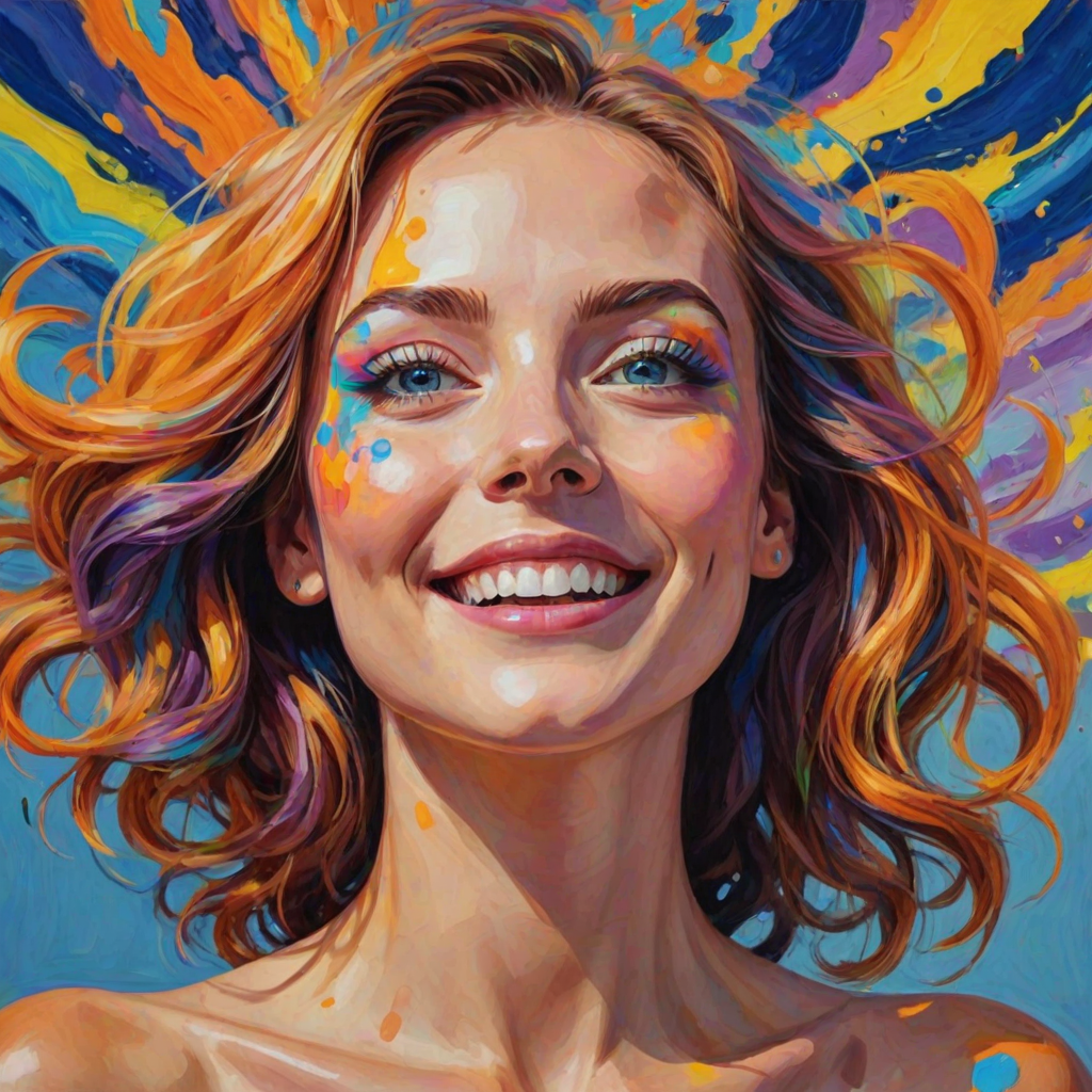 Generate a psychedelic portrait of a woman's happy face with brushstrokes of a woman smiling and looking up at the sky, emphasizing bright and bold colors. The dominant color should be deep blue, with swirling patterns of yellow, green, pink, purple and orange. open blue eyes with long eyelashes, apply an orange-yellow eyeshadow for a mesmerizing effect.