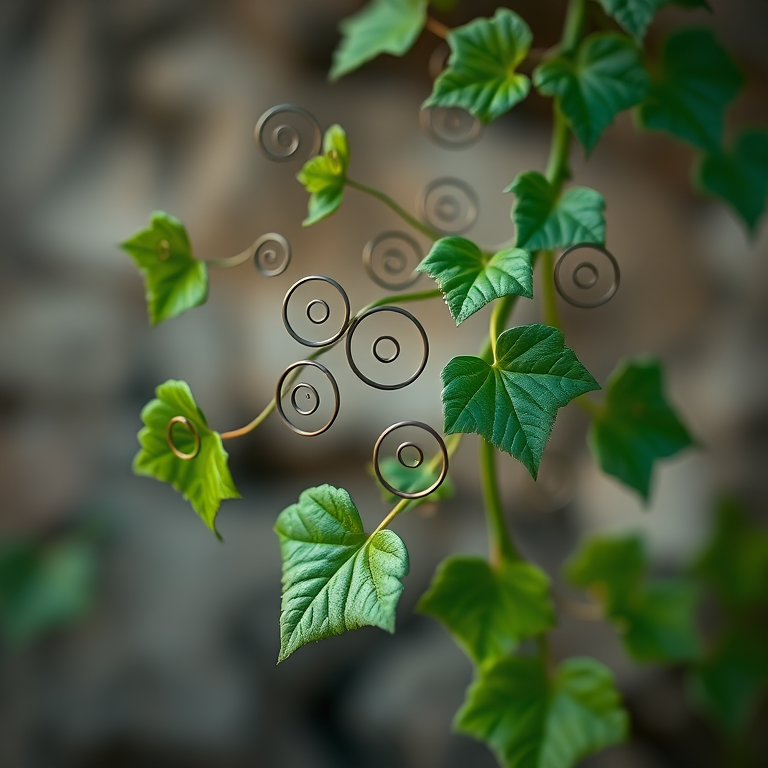 Create a high-resolution image of a stylized green vine with intricate swirls and leaves, using a Canon EOS R5, 50mm lens, f/2.8 aperture, ISO 100, with a soft-focus background and vibrant color enhancement.
