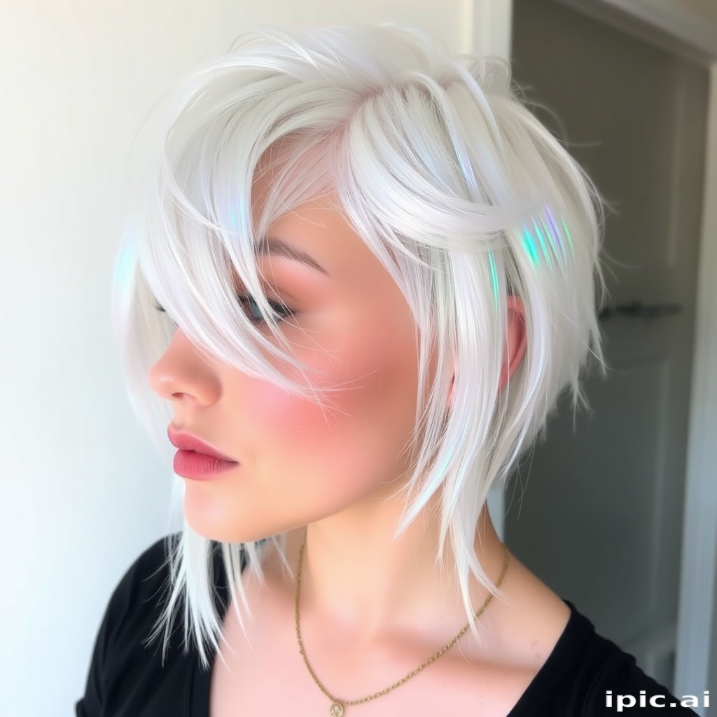 Pearlescent white pixie cut with holographic pastel highlights, the "Opal Dream" look radiates otherworldly beauty and ethereal charm