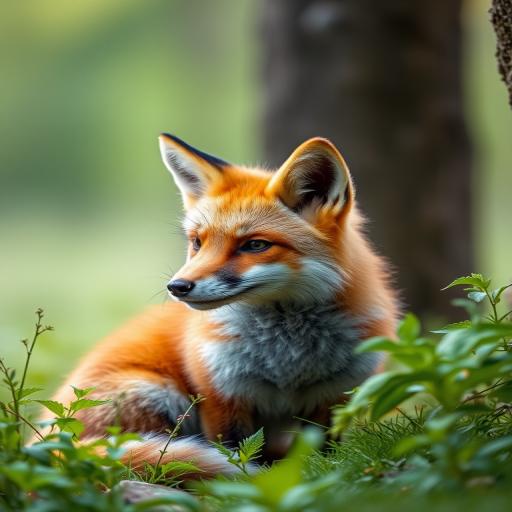 Regenerate an image of a fox sitting among greenery, soft focus background, natural lighting, f/2.8 aperture, 50mm lens, DSLR camera, vibrant colors and high detail in fur textures.