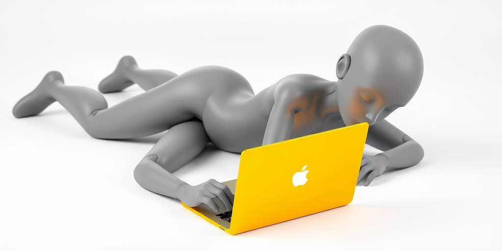 Create a 3D rendered image of a stylized humanoid figure with a smooth gray finish lying on its stomach, focused on a bright yellow laptop, with a clean white background, using a Canon EOS R5 camera, 50mm lens, aperture f/2.8, ISO 100, and soft natural lighting to enhance depth and detail.