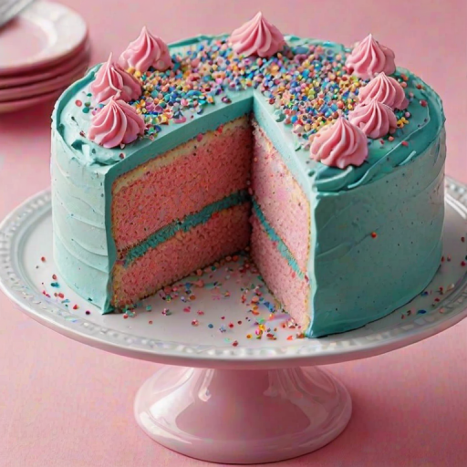 Create a colorful cake with layers of pink sponge and sprinkles, covered in a smooth turquoise frosting. The top should have pink swirled frosting and assorted colorful sprinkles. Show a slice cut out to reveal the vibrant layers inside.