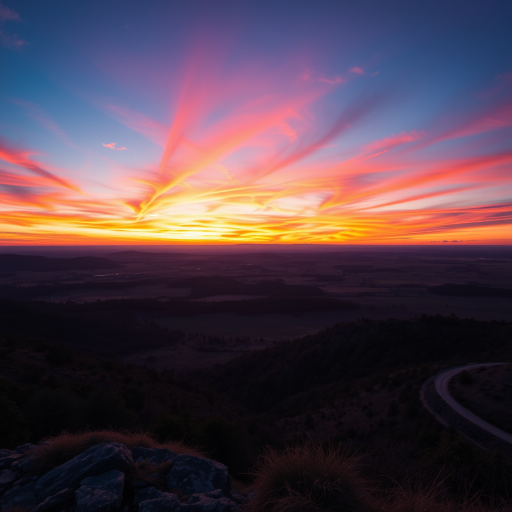 Generate a high-resolution image of a serene landscape during sunset with vibrant colors in the sky, use a Canon EOS 5D Mark IV with a 24-70mm f/2.8 lens, aperture set to f/8, ISO 100, shutter speed 1/60s, and a wide-angle view to capture extensive scenery.